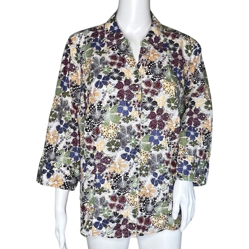CJ Banks Shirt Womens 14W White Multicolor Floral Flower Button Up Office Casual